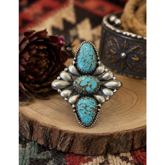 Unbranded Jewelry - Number 8 Turquoise Three Stone Crawler Ring Sterling Silver